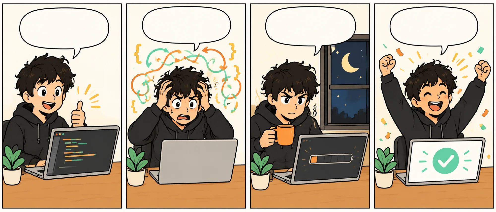 Four-panel comic: a beginner is confident, gets confused by loops, keeps practising late at night, and finally celebrates working code
